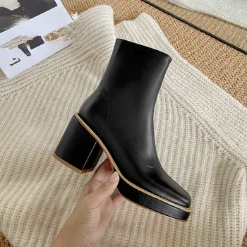 

Genuine Leather high heels boots Woman side Zipper Platform Ankle Boots For Women Winter Newest Working Basic Boots
