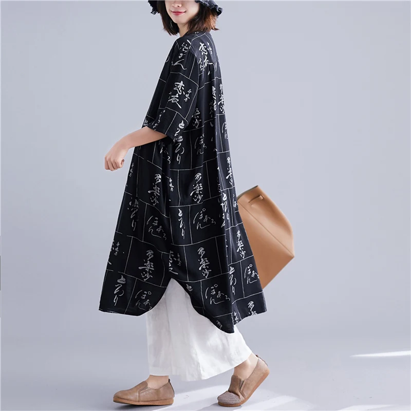 Women Cotton Linen Long Shirt Dress Stand Collar Half Sleeve Printed Pockets Casual Loose Midi Dress Female Harajuku Dresses New
