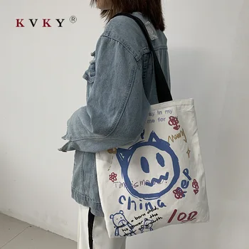 

2020 Women Canvas Shoulder Bag Extra Large Capacity Handbag Cartoon Print Beach Bags Female Big Tote Ladies Simple Shopping Bag