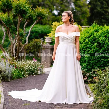 

Elegant Off The Shoulder Wedding Dress For Women Lace Up Back Bridal Dress With Train White Satin Prom Gonws Vestido De Noiva