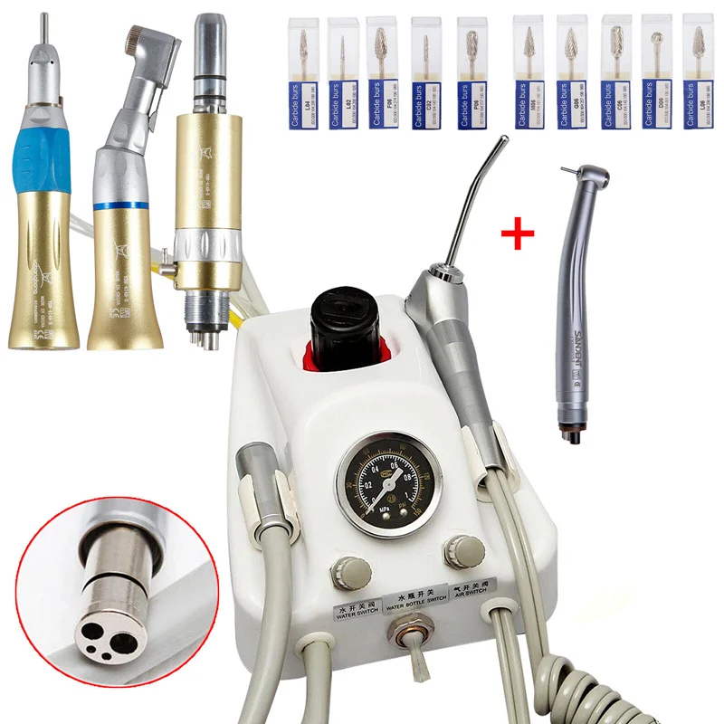 Dental Portable Air Turbine Unit+ High Low Speed Contra angle Striaght Handpiece Air Motor 4 Hole +10 Dental Drill Burs