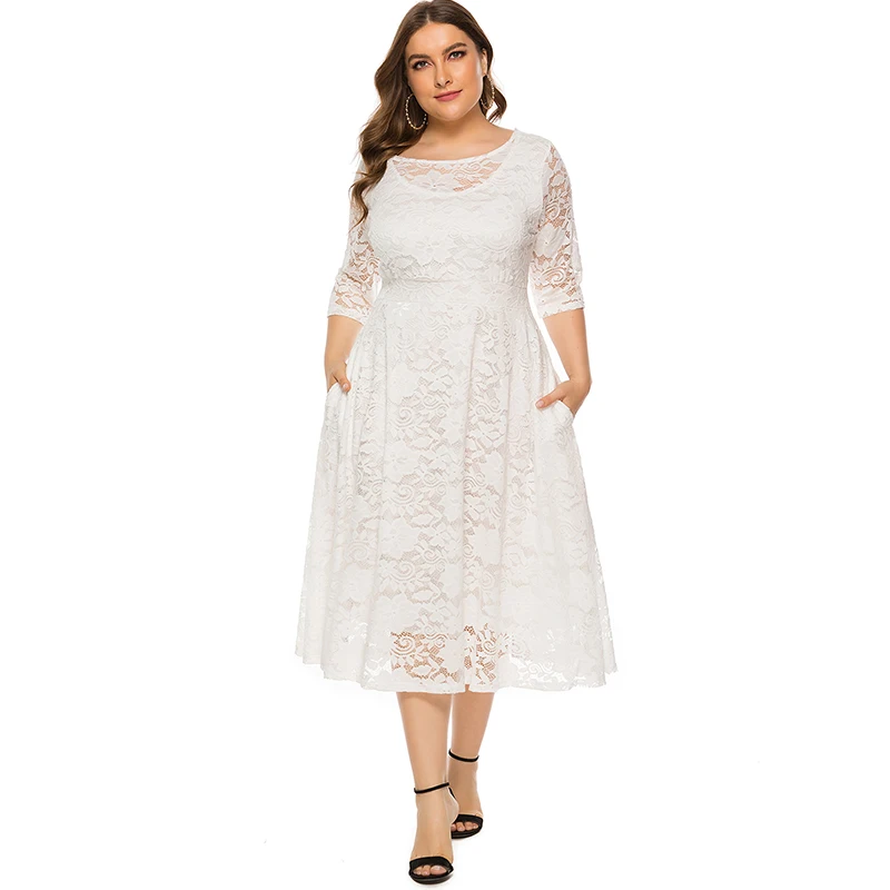 Белый EaseHut, 5XL, 6XL, большой размер, платье для женщин, элегантное, цельное, с круглым вырезом, с коротким рукавом, тонкое, с вырезом, черное, белое, вязаное, кружевное платье - Цвет: Белый