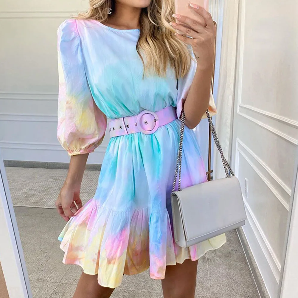 

Bellaza Women Color Block Dress Tie Dye Print Belt Lantern Sleeve Short Dress Fashion Vocation Holiday Vestidos Party Robes Chic