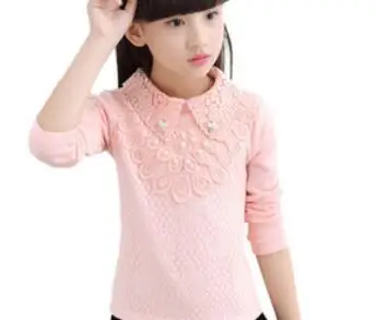 pink lace collar Г., весенне-осенне-зимние школьные рубашки для девочек белые кружевные топы с длинными рукавами и блузка с цветочным рисунком для девочек Одежда для младенца AA3895 - Цвет: pink lace collar
