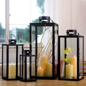 

Vintage Iron Hanging Candle Holder Glass Simple Black Geometric Metal Candle Lantern Crystal Candelabra Home Decoration CC50ZT