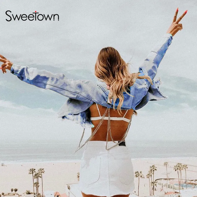 

Sweetown Fall 2019 Steampunk Distressed Cropped Denim Jacket With Metal Chains Turn Down Collar Plus Size Women Jackets Coats