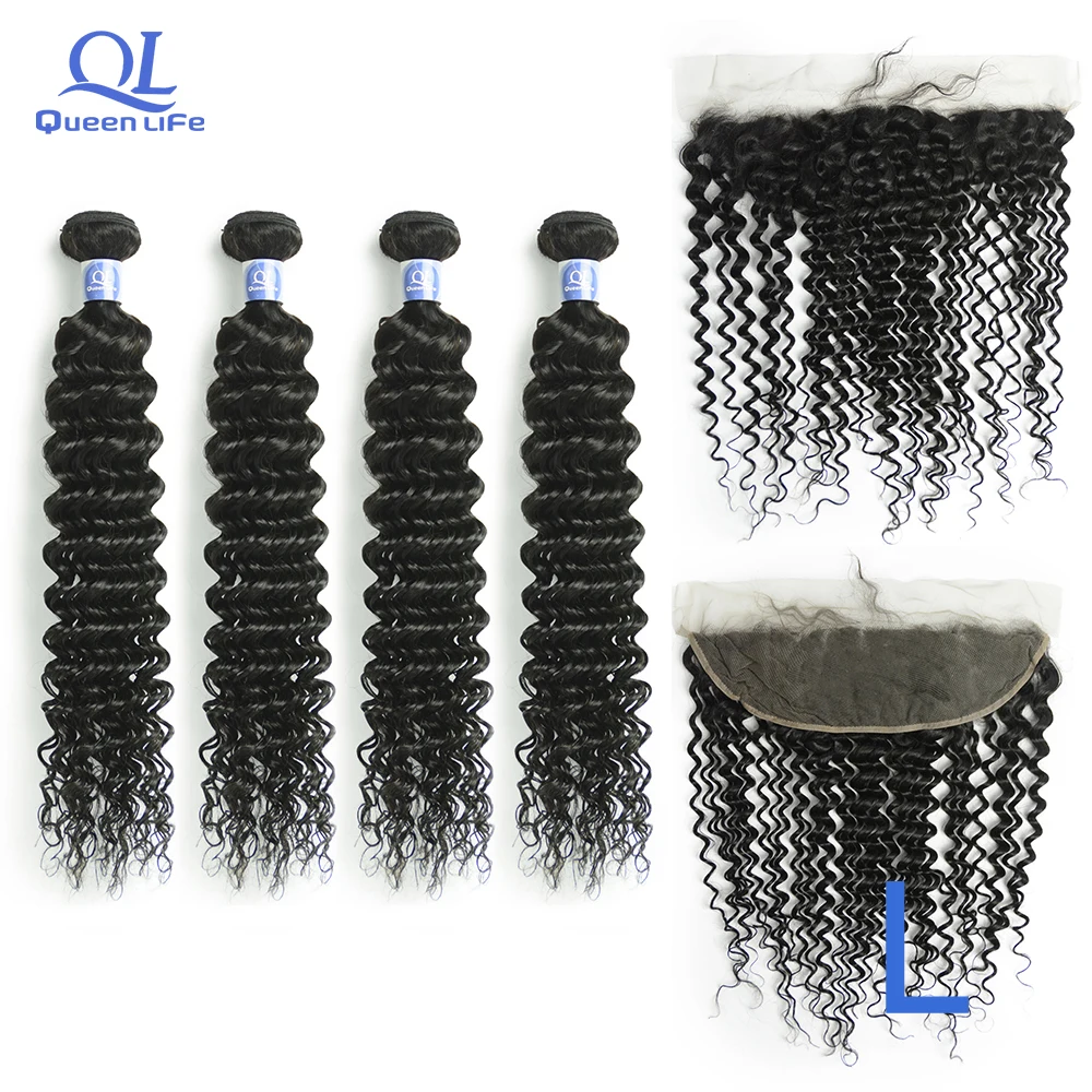 

Queenlife 3 Bundle deals Deep Wave Bundles With Frontal Brazilian Hair weave Bundles 12-28 inches low ratio Remy human hair