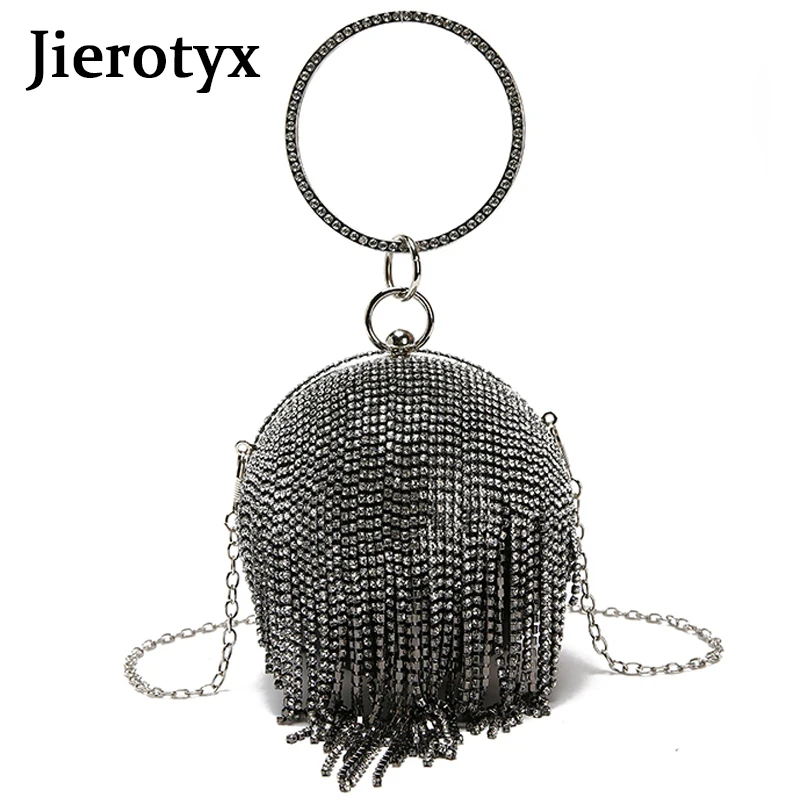 JIEROTYX, круглые вечерние сумки для женщин, Серебряные стразы с бриллиантами, модная сумка с кисточками, дамская сумочка с кольцом, клатчи