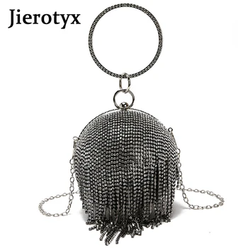 

JIEROTYX Round Ball Evening Bags Women Sliver Diamonds Rhinestone Fashion Tassels Bag Ladies Ring Handbag Women Shoulder Bag