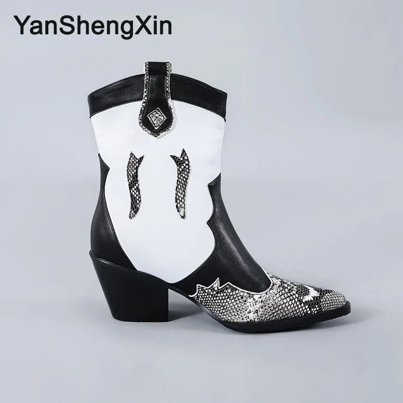 YANSHENGXIN/обувь; женские ботинки; ботинки до середины икры с острым носком и змеиным узором; модная женская обувь; цвет черный, белый; ботинки осень-зима; женские ботинки