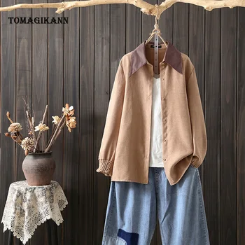 

5XL Corduroy Shirt 2020 Spring Vintage Plaid Collar Patchwork Camicia Blouses