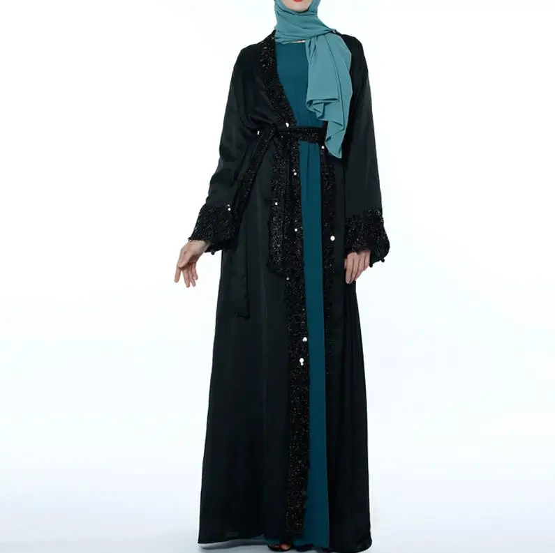 Black cardigan Кимоно Абая с блестками, кардиган мусульманский хиджаб, платье, Турецкая мусульманская одежда, Абая для женщин, кафтан, Дубай, кафтан, Оман, Djelaba Femme - Цвет: Black cardigan