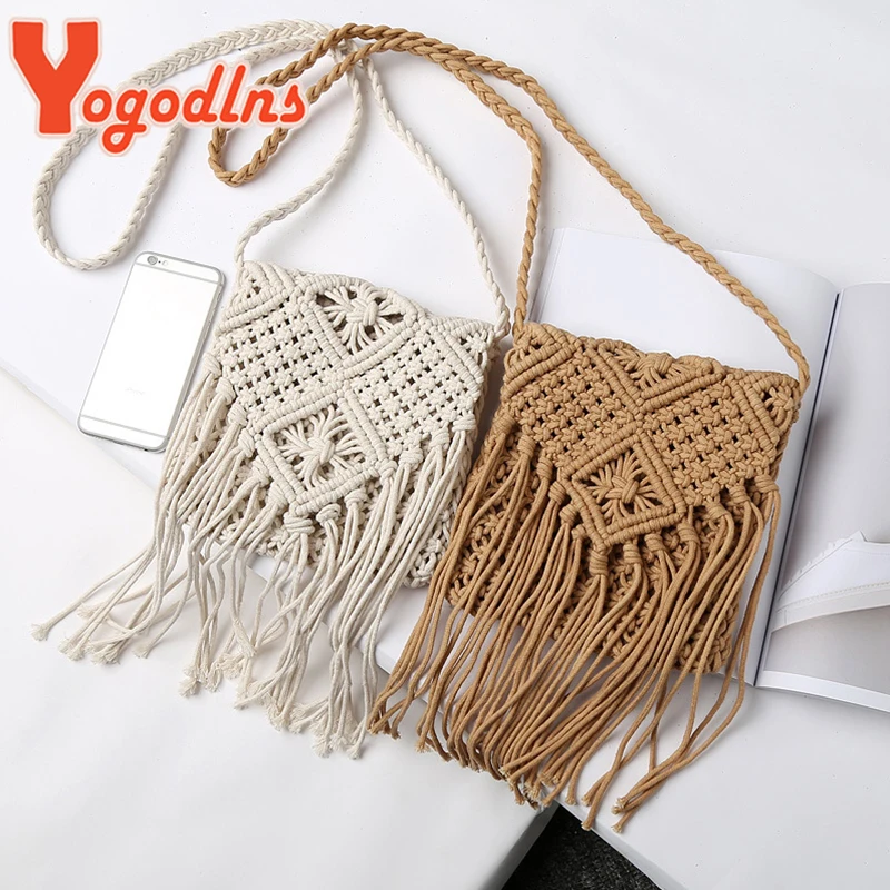 Bohemian Tassel Straw Bag Women Fashion Weave Handmade Crossbod Bag Summer Kintted Beach Handbag Vacation Lady Pouch