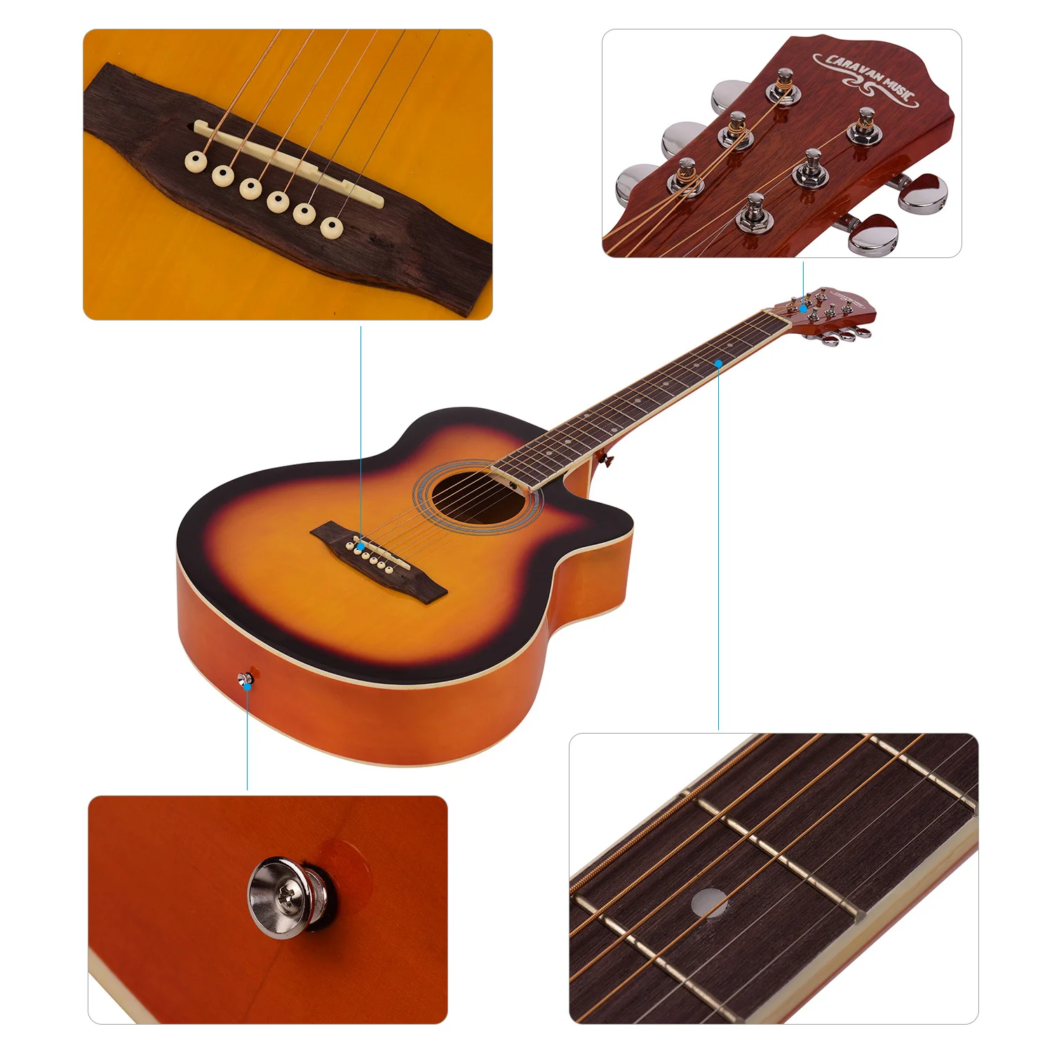 40 дюймов Cutaway акустическая народная гитара 6 струн Липа с ремешком Gig Bag Capo медиаторы натуральный/солнце черный/синий/черный цвета