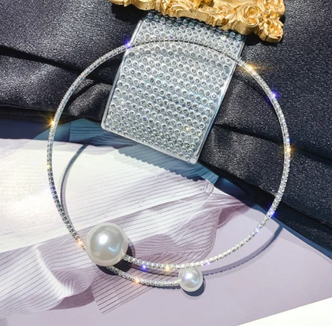 Колье из искусственного жемчуга ожерелья для женщин Bijoux Золото Серебро Цвет Стразы Torques ожерелья массивные ювелирные изделия