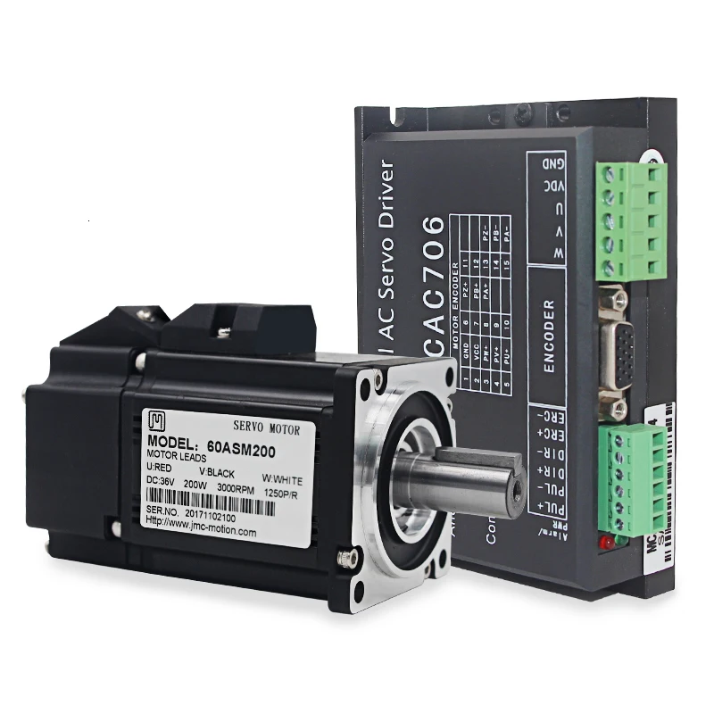 JMC 60ASM200+ MCAC706 200 Вт 36VDC 0.64N.m NEMA24 экономичный AC Серводвигатель привод комплект 1250 линия 3000 об/мин