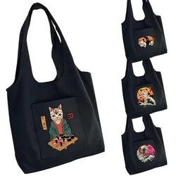 Pure Cotton Shopping Bag Women's Bag Animation Japan Cat Printed Portable One-shoulder Shopping Bags Grocery Storage Tote Bag