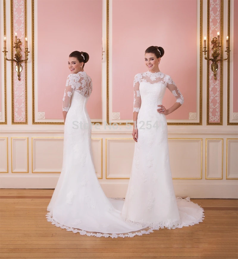 

Three Quarter Sleeve mermaid Wedding Dress 2019 Lace Sheath Strapless Applique Sweep Train Bridal Gowns vestido de noiva