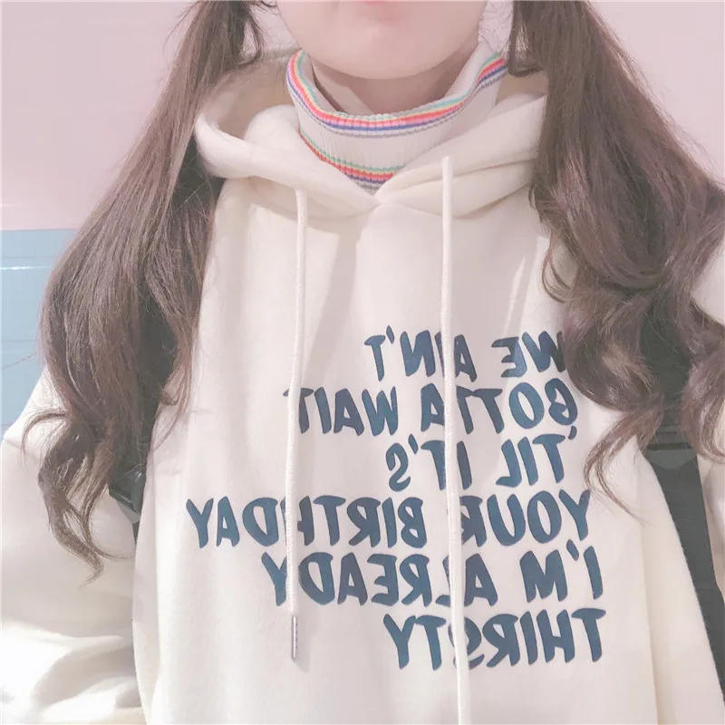 Women Slim Plus velvet Hooded Cute Letter print Loose Tops Hoodie Sweatshirt Thicken Small fresh Young Girl Long Sleeve pullover