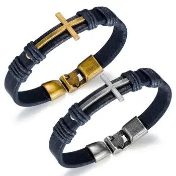 Cruz retro brazalete de cuero negro para hombre 2020, accesorios para brazalete, joyería, pulseras de cuero para hombre, regalo para novio