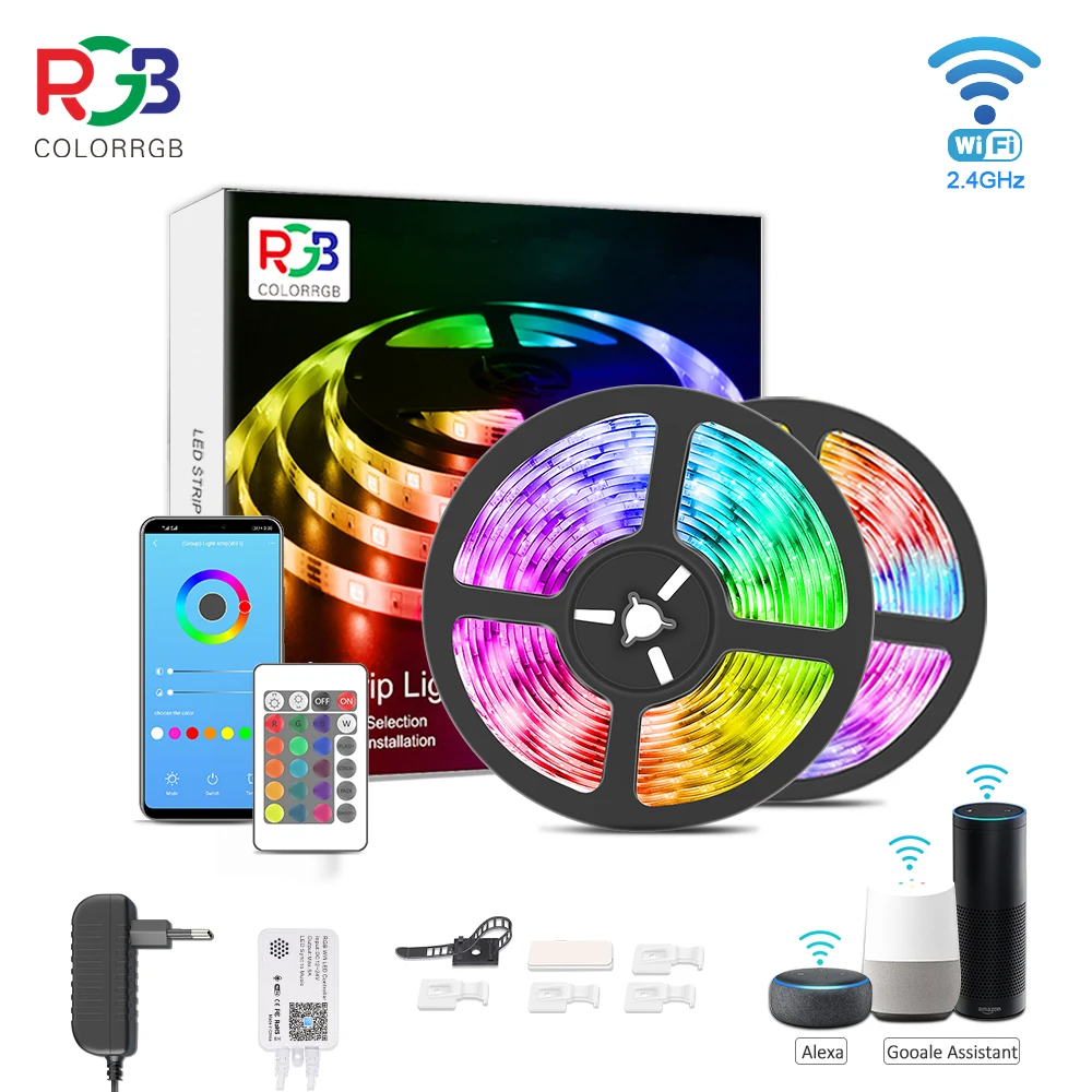 ColorRGB, светодиодная лента (Wi-Fi) прокладки СИД светильник, работает с Amazon Alexa, Google Home, ярче, 5050 Светодиодный светильник полосы, DC12V с помощью приложения на телефоне 12 м - изображение