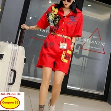 С поясом, новинка, мультяшный принт, повседневный комбинезон, красный, женский, в стиле хип-хоп, свободный, летний, прямой, комбинезон для подвижных игр, комбинезоны LT571S50