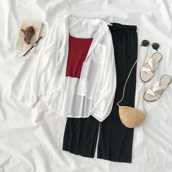 

2020 summer new 3 pieces women sets chiffon white shirts and vest and wide leg black pants lady elegant pants suits top quality