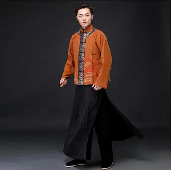 

High quality HanFu Tang suit ancient Chinese master men's cotton and linen long gown+jacket rich man