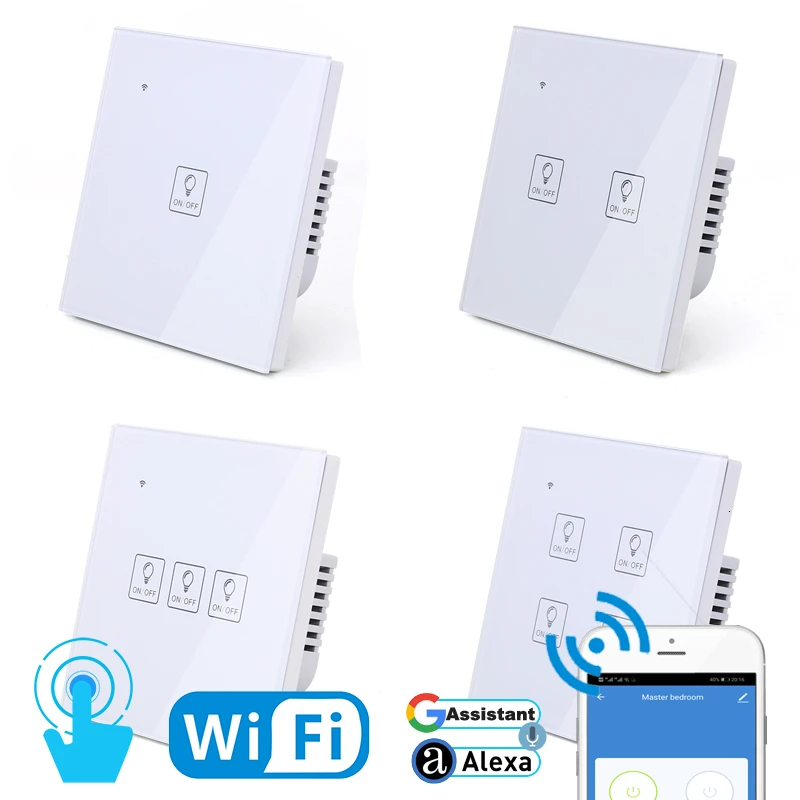 Wifi сенсорный светильник, значок, настенный переключатель, белая стеклянная панель, синий светодиодный, для ЕС и Великобритании, универсальный, умный дом, управление телефоном, 2 комплекта, 2-позиционное реле