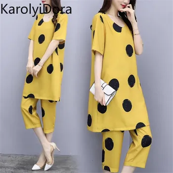

2020 Plus Size Tracksuit Women Polka Dot Two Piece Outfits Matching Sets Top + Wide Leg tracksuit 4XL