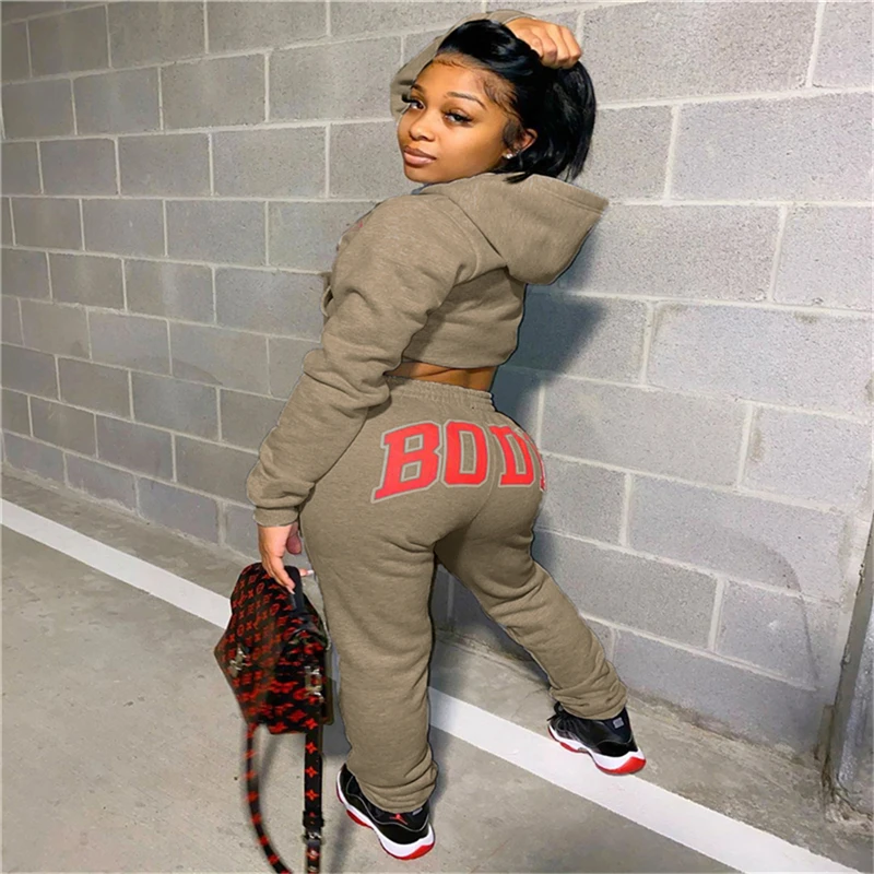 Women Autumn Spring New Sweatsuit BODY Letter Print Long Sleeve Hoodies + Elastic Waist Pants 2pcs/set Warm Tracksuit 2020 sweat suits women