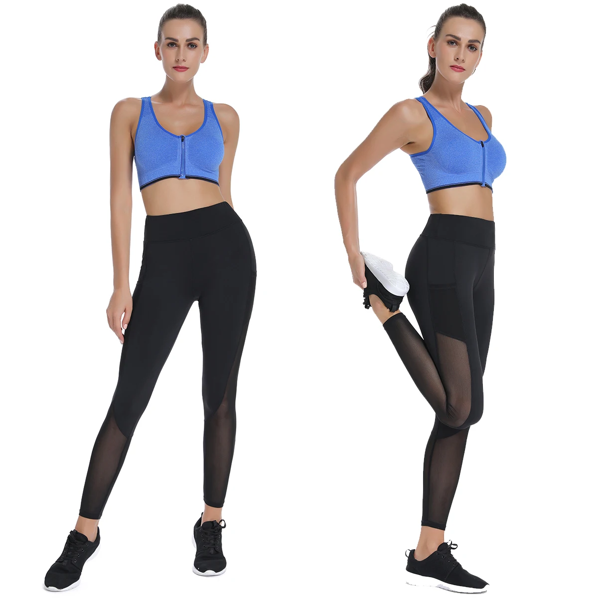 High Waist Workout Mesh Leggings Women Body Shapers with Pockets Gym Fitness Trousers Running Sports Slim Pants Stretch Black