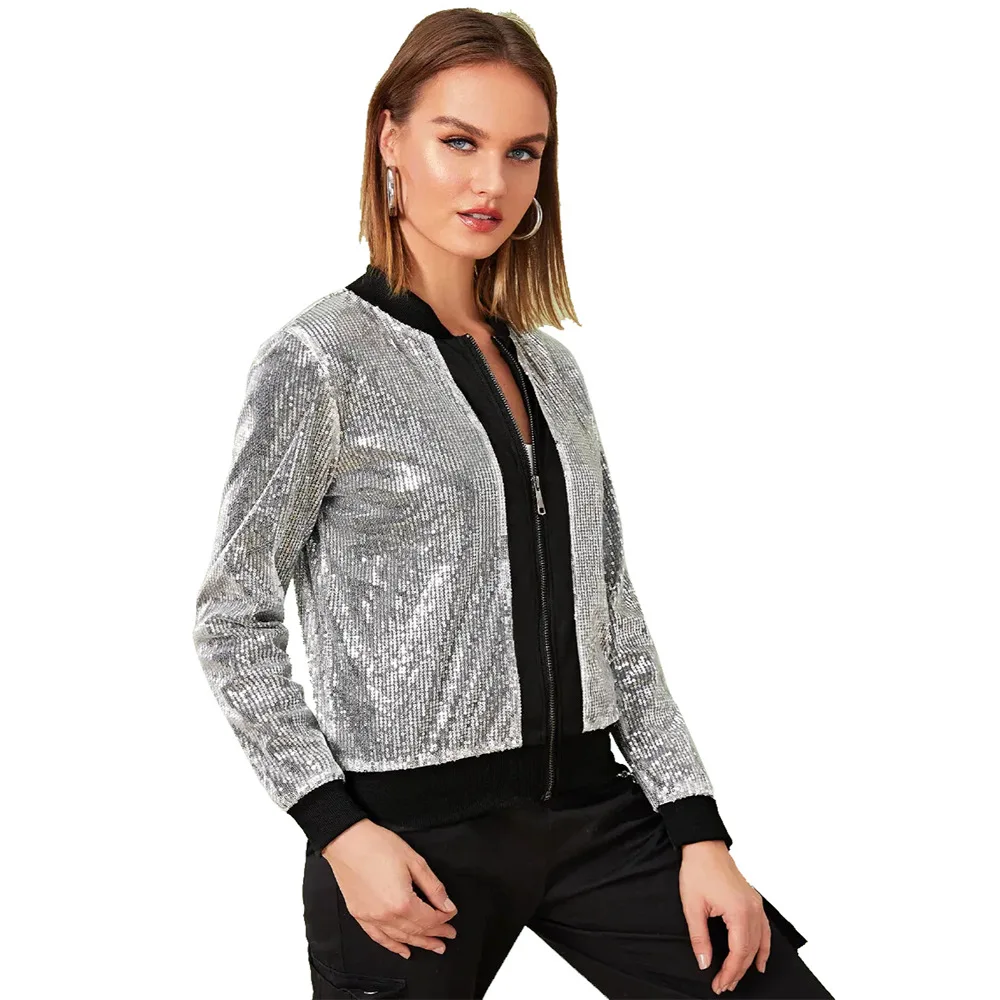 Echoine Women's casual silver sequin bomber jacket female sexy streetwear windbreaker ladies coats autumn winter outerwear