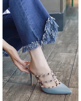 

[Worry Girl WUYOUNV] Pointed Stiletto High Heel Rivet Sandals Fashion Large Size Half Toe Toe Sandals Women Shoes