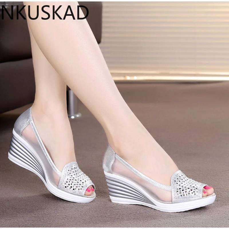 

Summer Women Hollow Sandals Wedges Slip On Shoes Platform Peep Toe High Heels Female Fashion Breathable Mesh Shoes Ladies