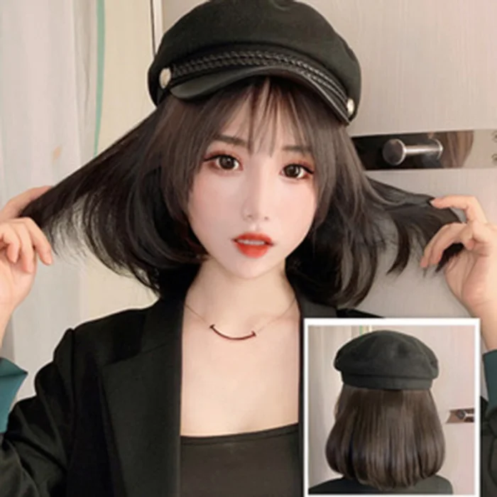 Шапки с париком прикрепленные для женщин кепки с коротким бобо черный прямые волосы костюм Маскировка WH998