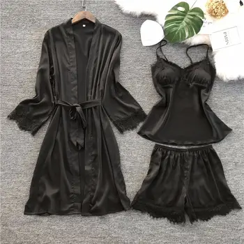 

2020 Lady Silk Nightgown Women Nightwear Pajama Sets Lace Nighty Sexy Sleepwear Vest Short Shirt 3 Pieces Four Color