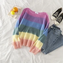 Mooirue свитер в Корейском стиле для женщин Harajuku радужные полосы с круглым вырезом Уличная Повседневная винтажные пуловеры свободный Женский трикотажный топ