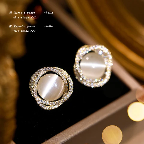 New Luxury Zircon Opals Vortex Gold Earrings For Woman Korean Shiny Jewelry Unusual Accessories For Wedding Party Girls