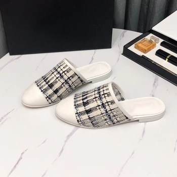 

Fashion Luxury Design Round Toe Women's Slippers Sandals Female Outdoor Tweed Flat shoes