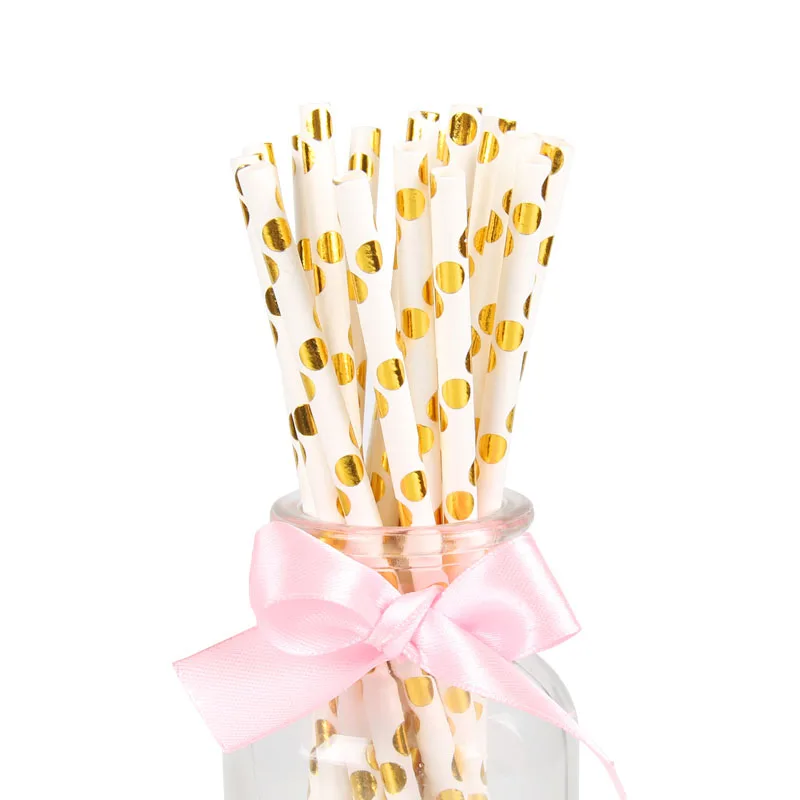 100 шт Золотые/черные экологические шевронные бумажные трубочки в полоску для свадьбы, вечеринки для детей на день рождения - Цвет: dot
