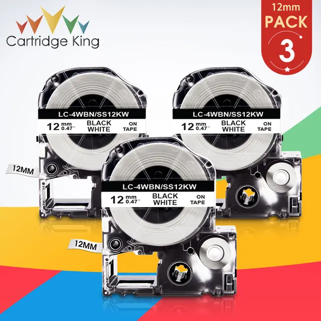 6PK 12mm Label Tape SS12KW Black on White LC-4WBN Cartridge Tape ...