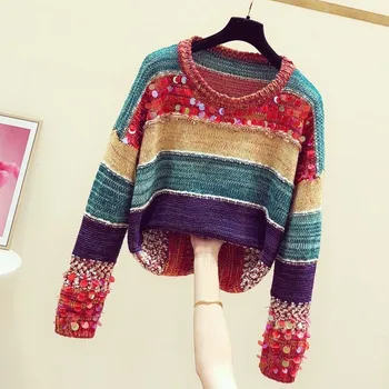 

New Autumn Winter Color Block Sequins Rainbow Stripes O Neck Pullovers Top Loose Casual Women Knitted Top