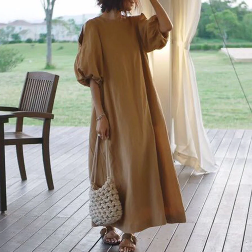 

Solid Puff Sleeve Dress Women Korean Spring Summer 3/4 Sleeve A-Line Plain Loose Causal Ankle Length Pullover Long Dress Khaki