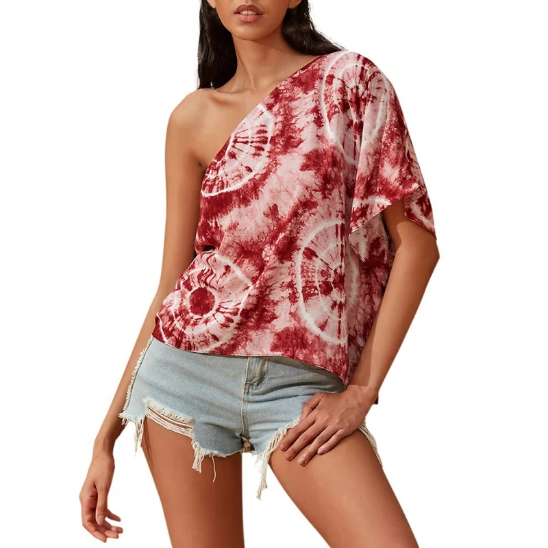 

ETOSELL Woman Asymmetrical Neck Irregular Red Color T Summer Tie-dyed Printed Half Sleeve T Shirt