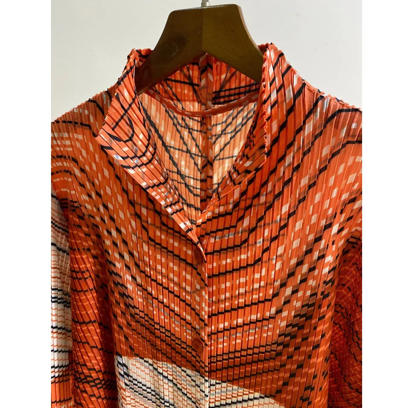 Женские рубашки больших размеров, весна и осень, эластичные, Miyake, плиссированные, в полоску, со стоячим воротником, однобортные, реглан, рукава, кардиганы
