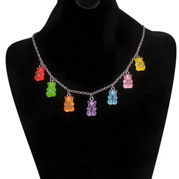 

7 Colors Cute Cartoon Resin Bear Stainless Steel Necklace Candy Color Pendant Women Girls Daily Jewelry Party Gift