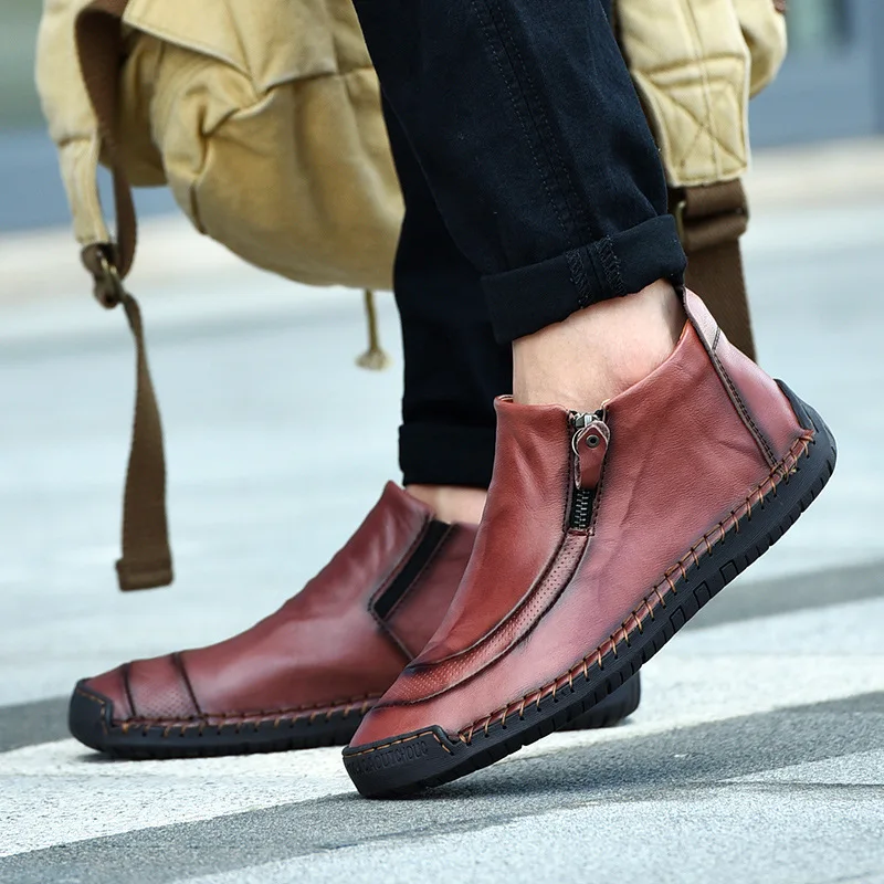 Men Casual Shoes Genuine Leather Men Work Boots Winter Cotton Loafers Cowhide Footwear Warm Cloth Shoes Ankle Safety Boots - Цвет: wine red