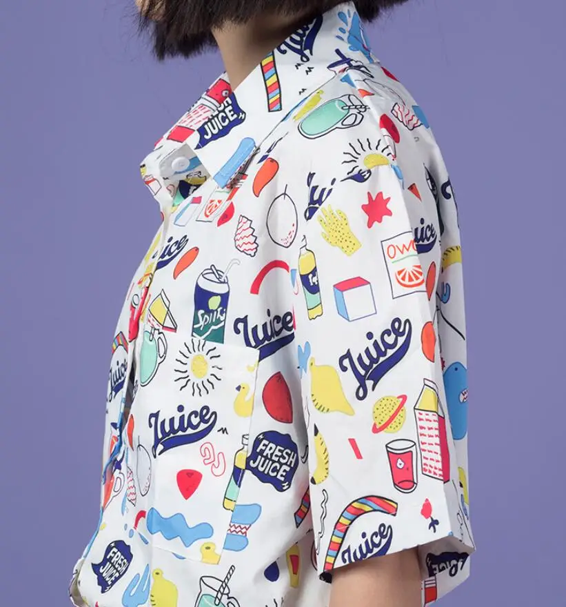 Summer New Harajuku BF Style Women Cartoon Print Turn Down Collar Short Sleeve Shirt