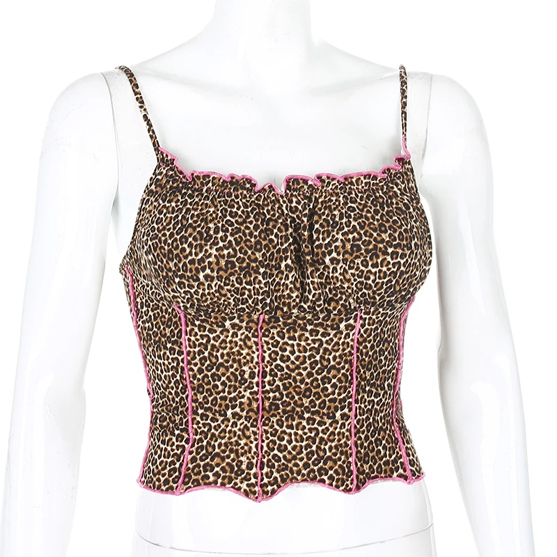 Fashion Leopard Print Tank Top Ruffles Frilly Tanks Sling Sleeveless Crop Tops Square Collar Striped Summer Vest Vetement Femme